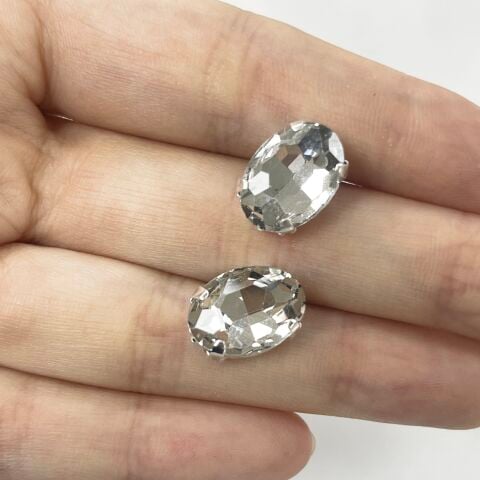 Oval Şekilli Kasalı 14x10mm Dikilebilir Beyaz Cam Taş - 50 ve 10 Adet