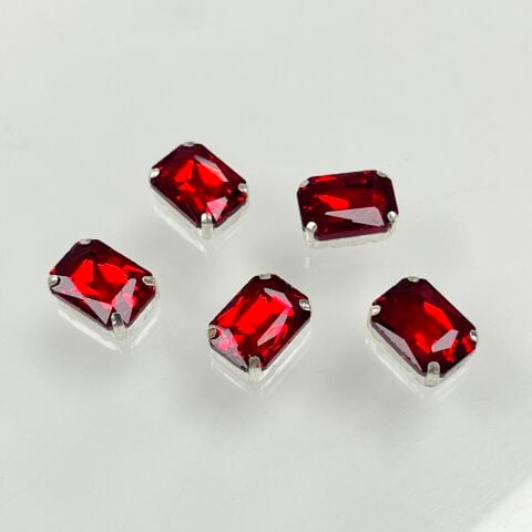Dikdörtgen Şekilli Kasalı 14x10mm Dikilebilir Kırmızı Cam Taş - 50 ve 10 Adet