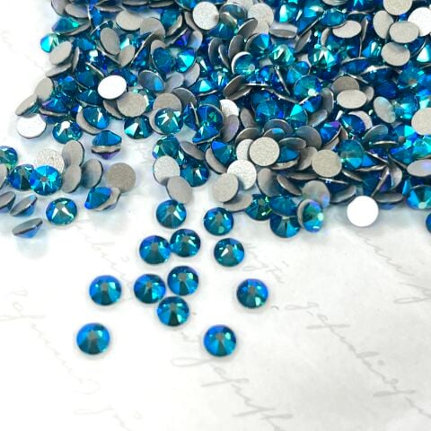 Swarovski 2088 SS20 Blue Zircon Shimmer (229SHIM) F - Yuvarlak Okyanus Turkuazı Renkli Altı Düz Camtaş