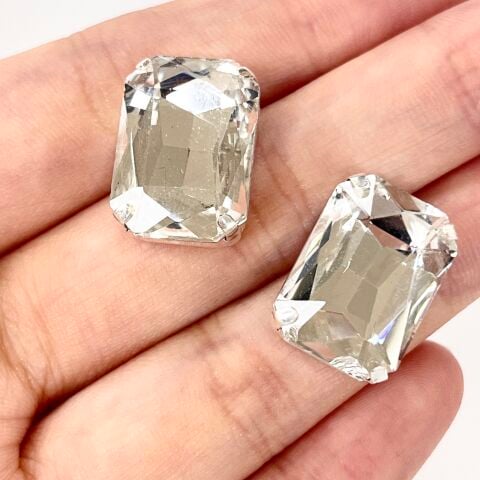 Dikdörtgen Şekilli Kasalı 18x13mm Dikilebilir Beyaz Cam Taş - 50 ve 10 Adet