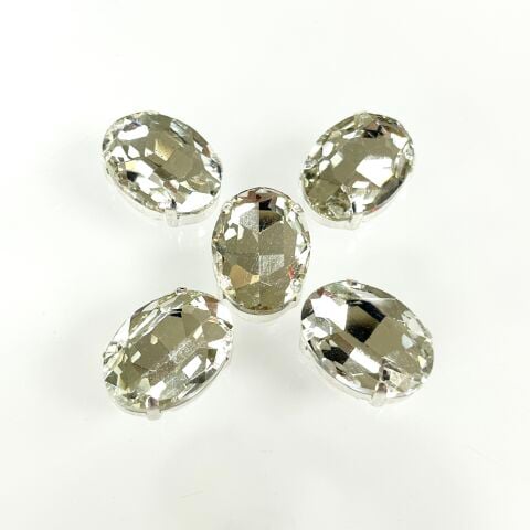 Oval Şekilli Kasalı 18x13mm Dikilebilir Beyaz Cam Taş - 50 ve 10 Adet