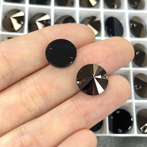 Swarovski 3200 Rivoli 12mm Jet Nut (280NUT) Unfoiled - Mokka Yuvarlak İki Delikli Dikme Taş