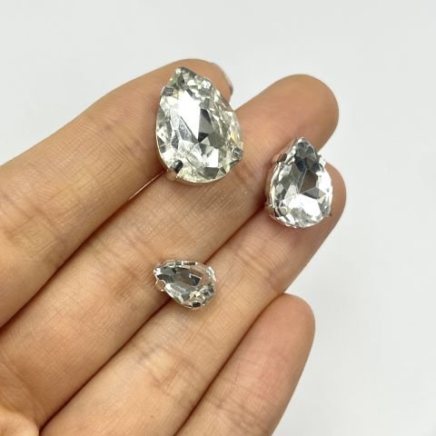 Damla Şekilli Kasalı Dikilebilir Beyaz Cam Taş - 50 ve 10 Adet - Boy Seçenekleri Mevcuttur