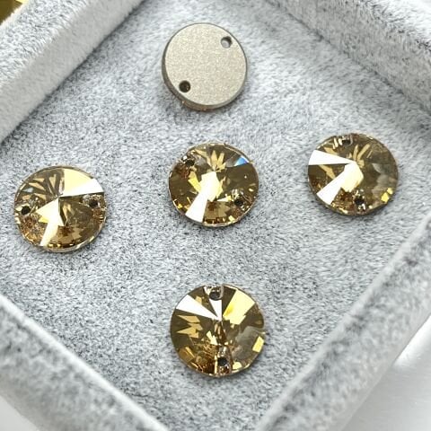 Swarovski 3200 Rivoli 14mm Crystal Golden Shadow (001GSHA) Foiled - Altın Yuvarlak İki Delikli Dikme Taş