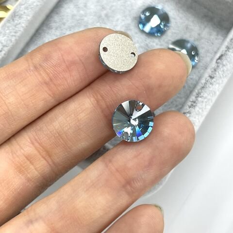 Swarovski 3200 Rivoli 10mm Aquamarine (202) Foiled - Mavi Yuvarlak İki Delikli Dikme Taş