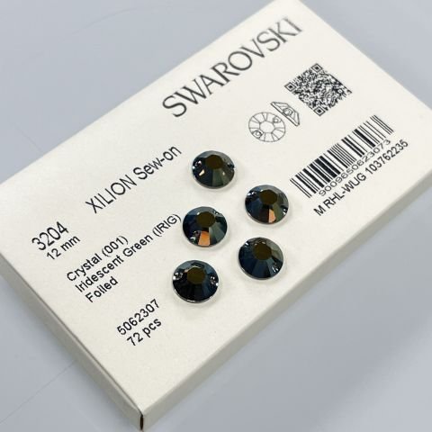 Swarovski 3204 12mm Crystal Iridescent Green (001 IRIG) - Metalik Yeşil Yuvarlak İki Delikli Dikme Taş