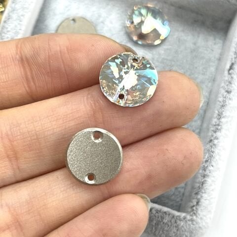 Swarovski 3200 Rivoli 12mm Crystal Shimmer (001SHIM) Foiled - Işıltılı Beyaz Yuvarlak İki Delikli Dikme Taş