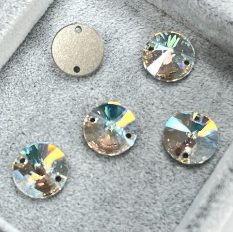 Swarovski 3200 Rivoli 12mm Crystal Shimmer (001SHIM) Foiled - Işıltılı Beyaz Yuvarlak İki Delikli Dikme Taş