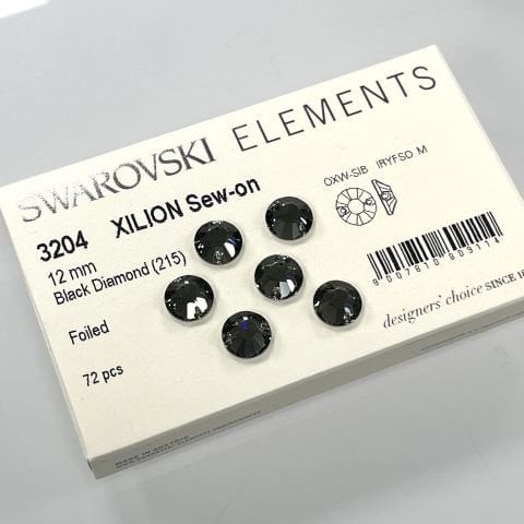 Swarovski 3204 12mm Black Diamond (215) F - Füme Yuvarlak İki Delikli Dikme Taş