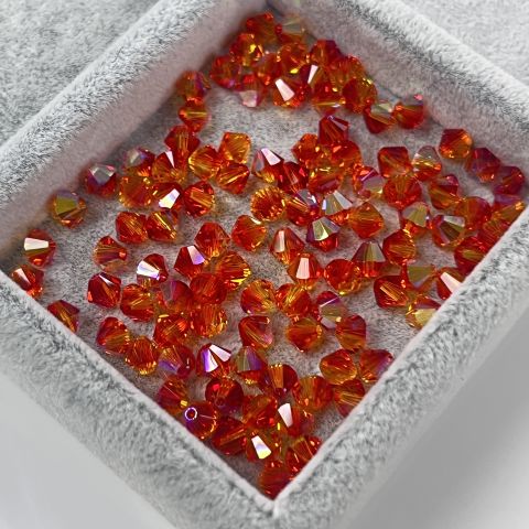 Swarovski 5328 Bicone Boncuk 5mm Fireopal AB (237AB) - Turuncu Kırmızı Karışık Renkli Piramit Boncuk