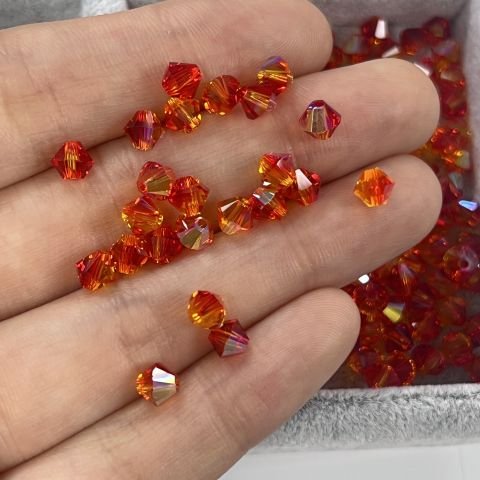 Swarovski 5328 Bicone Boncuk 5mm Fireopal AB (237AB) - Turuncu Kırmızı Karışık Renkli Piramit Boncuk
