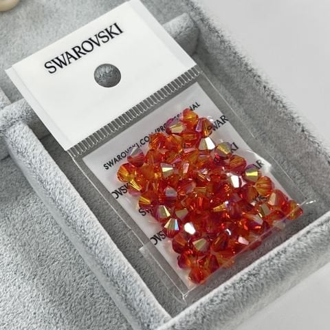 Swarovski 5328 Bicone Boncuk 5mm Fireopal AB (237AB) - Turuncu Kırmızı Karışık Renkli Piramit Boncuk