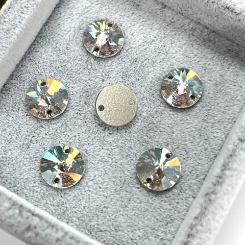 Swarovski 3200 Rivoli 10mm Crystal Shimmer (001SHIM) Foiled - Işıltılı Beyaz Yuvarlak İki Delikli Dikme Taş