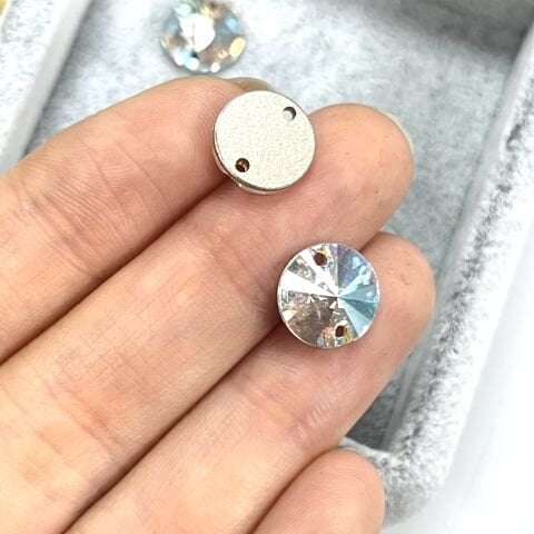 Swarovski 3200 Rivoli 10mm Crystal Shimmer (001SHIM) Foiled - Işıltılı Beyaz Yuvarlak İki Delikli Dikme Taş