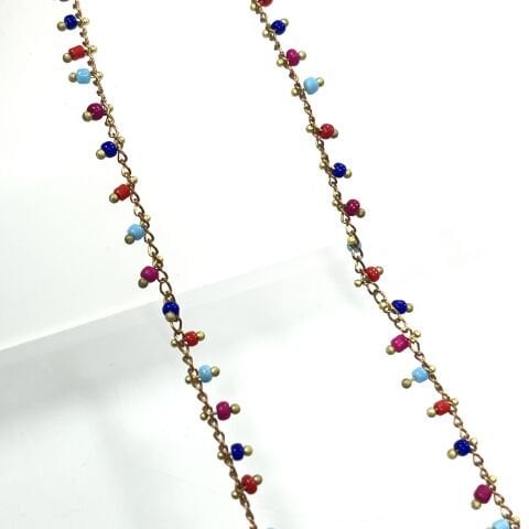 Ham Pirinç Renkli Boncuklarla Süslenmiş Zincir Kaplamasız - Metre Seçenekleri Mevcuttur