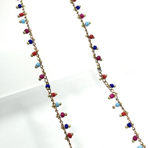 Bordo-Mavi Renkli Plastik Boncuklarla Süslü Pirinç Zincir Ham - Kaplamasız: