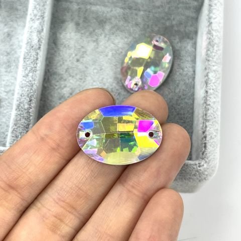 Oval Şekilli 24x17mm Dikilebilir Crystal AB Cam Taş - Janjan Dikme Taş