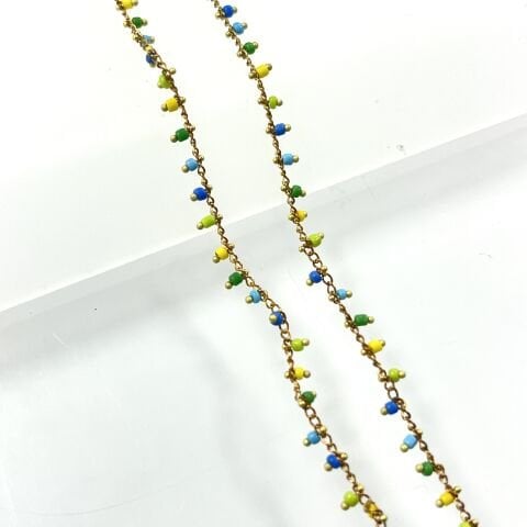 Sarı-Mavi-Yeşil Plastik Boncuklarla Süslü Pirinç Zincir Ham - Metre Seçenekleri Mevcuttur