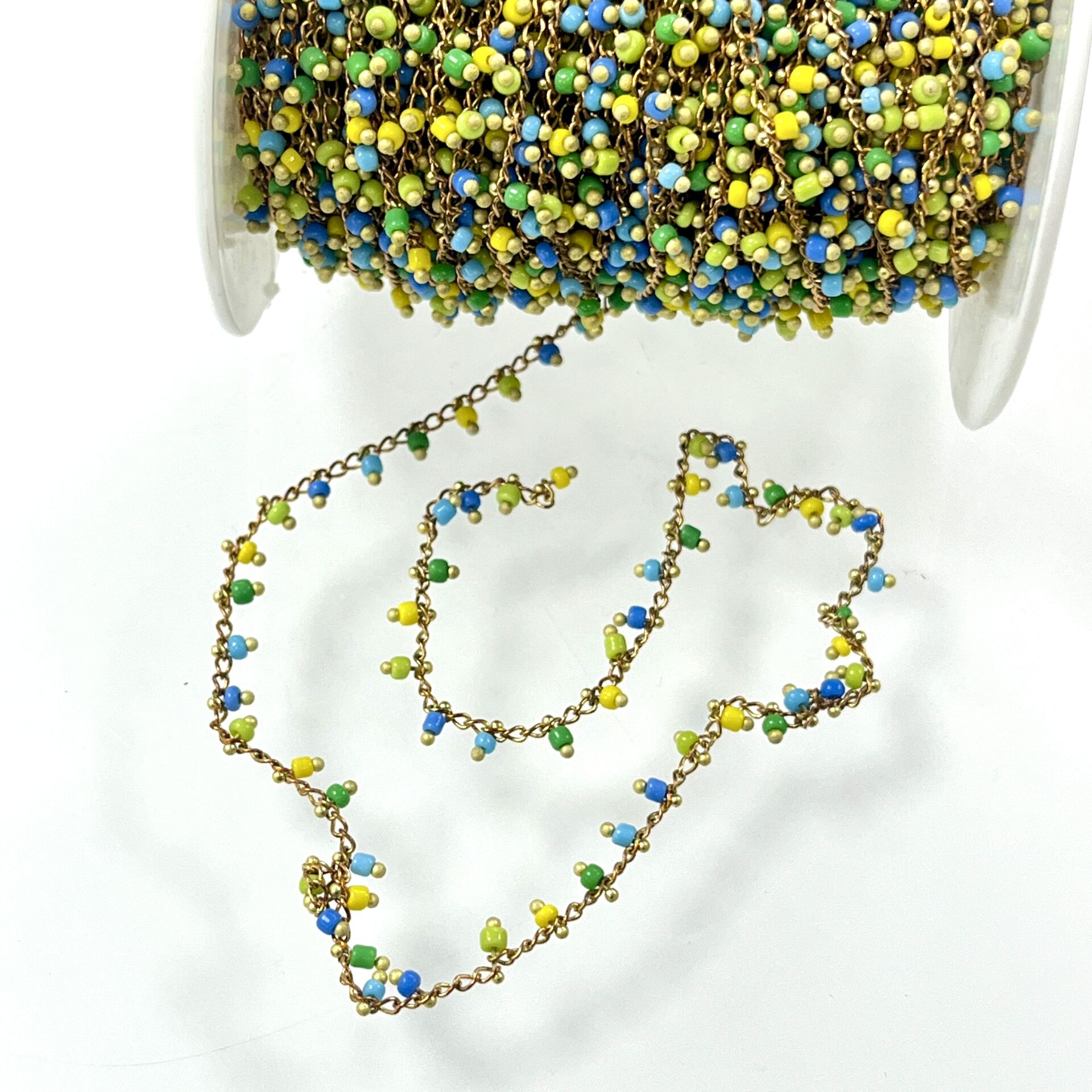 Ham Pirinç Renkli Boncuklarla Süslenmiş Zincir Kaplamasız - Metre Seçenekleri Mevcuttur