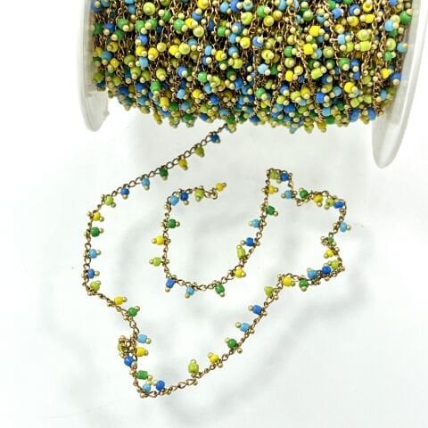Sarı-Mavi-Yeşil Plastik Boncuklarla Süslü Pirinç Zincir Ham - Metre Seçenekleri Mevcuttur