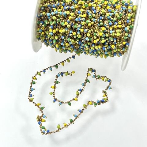 Sarı-Mavi-Yeşil Plastik Boncuklarla Süslü Pirinç Zincir Ham - Metre Seçenekleri Mevcuttur