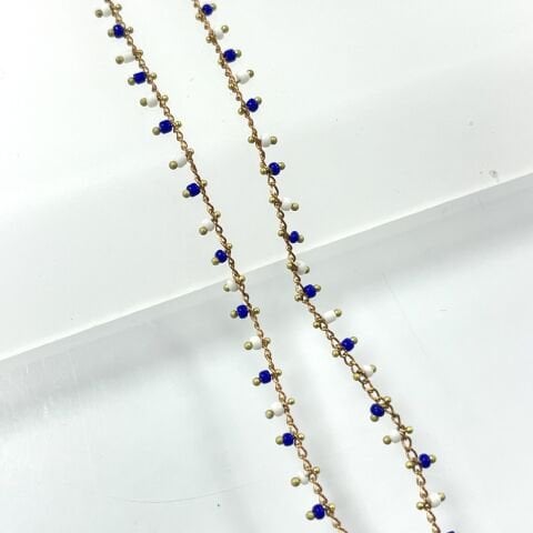 Beyaz-Altın-Lacivert Renkli Plastik Boncuklarla Süslü Pirinç Zincir Ham - Metre Seçenekleri Mevcuttur