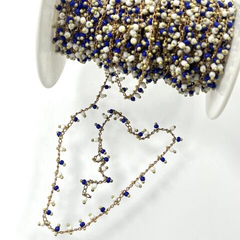 Beyaz-Altın-Lacivert Renkli Plastik Boncuklarla Süslü Pirinç Zincir Ham - Metre Seçenekleri Mevcuttur