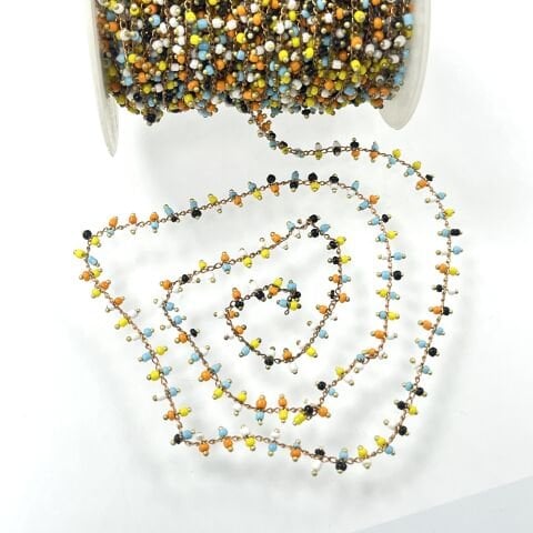 Ham Pirinç Renkli Boncuklarla Süslenmiş Zincir Kaplamasız - Metre Seçenekleri Mevcuttur