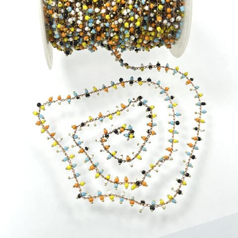 Çok Renkli Plastik Boncuklarla Süslü Pirinç Zincir Ham - Metre Seçenekleri Mevcuttur