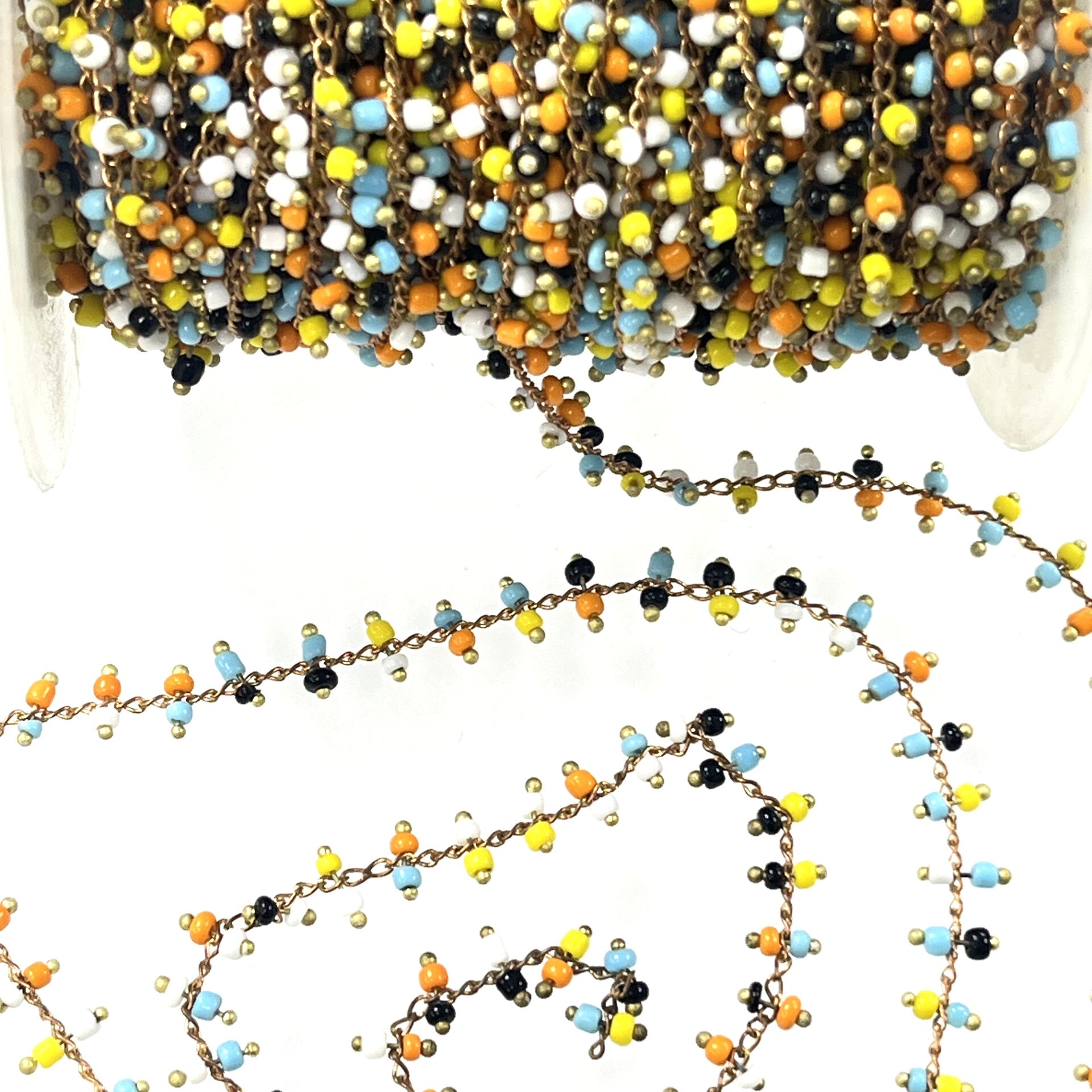 Çok Renkli Plastik Boncuklarla Süslü Pirinç Zincir Ham - Metre Seçenekleri Mevcuttur
