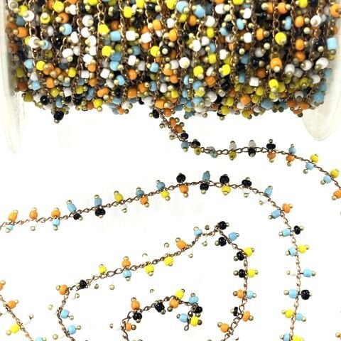 Ham Pirinç Renkli Boncuklarla Süslenmiş Zincir Kaplamasız - Metre Seçenekleri Mevcuttur