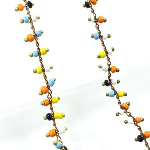 Çok Renkli Plastik Boncuklarla Süslü Pirinç Zincir Ham - Metre Seçenekleri Mevcuttur