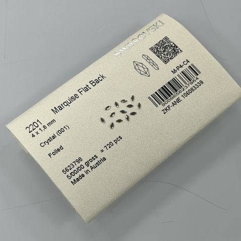 Swarovski 2201 Marquise 4x1,8mm Crystal (001) F - İnce Mekik Şekilli Beyaz Mini Camtaş