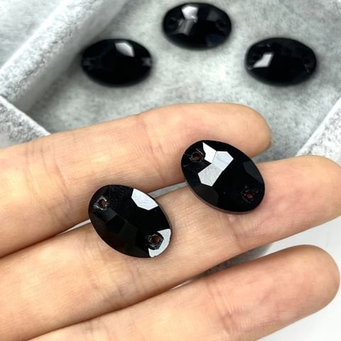 Oval Şekilli 16x11mm Dikilebilir Jet Black Cam Taş - Siyah Dikme Taş