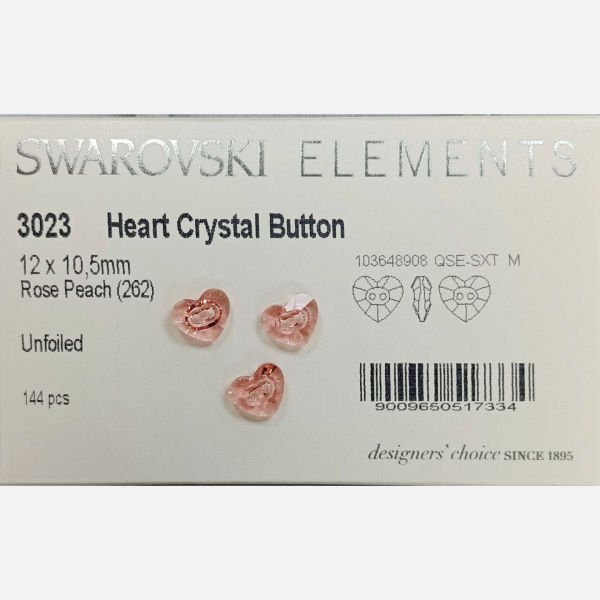Swarovski 3023 Düğme 12mm Rose Peach (262) - Kalp Şeffaf Pembe Ortadan Dikilebilir Düğme