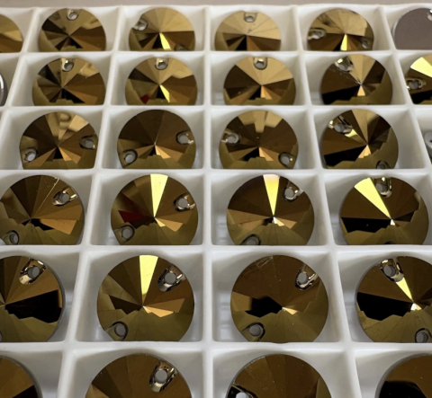 Swarovski 3200 Rivoli 14mm Crystal Dorado (001DOR) Unfoiled - Parlak Sarı Yuvarlak İki Delikli Dikme Taş