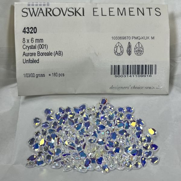 Swarovski 4320 Damla 8x6mm Crystal AB (001AB) Foyasız - Janjan Damla Şekilli Taş