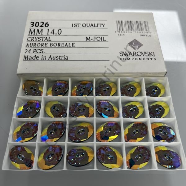 Swarovski 3026 Düğme 20x14mm Crystal Aurore Boreale (001AB) M - Janjan Oval Düğme Metalik Foyalı