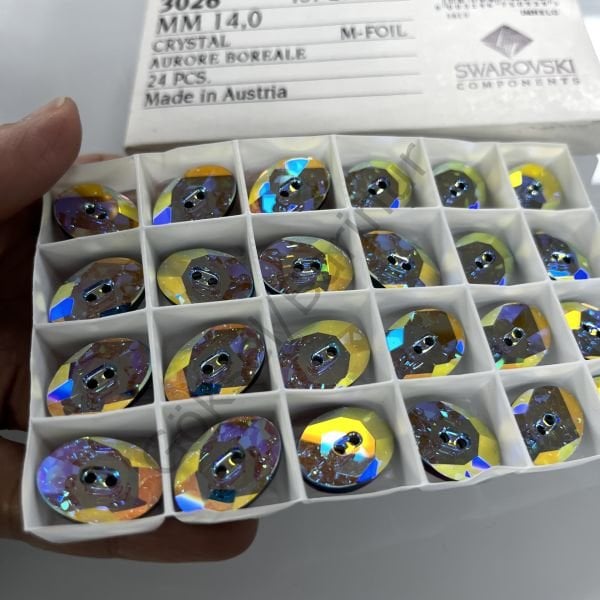 Swarovski 3026 Düğme 20x14mm Crystal Aurore Boreale (001AB) M - Janjan Oval Düğme Metalik Foyalı