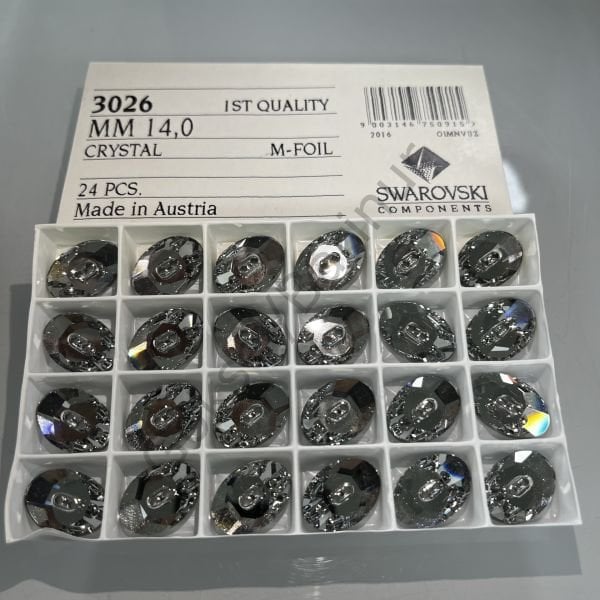 Swarovski 3026 Düğme 20x14mm Crystal (001) M - Beyaz Oval Düğme Metalik Foyalı