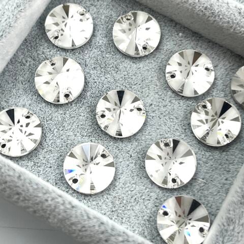 Swarovski 3200/G Rivoli 12mm Crystal (001) Foiled -  Beyaz Yuvarlak İki Delikli Dikme Taş