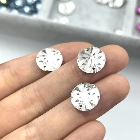 Swarovski 3200/G Rivoli 12mm Crystal (001) Foiled -  Beyaz Yuvarlak İki Delikli Dikme Taş