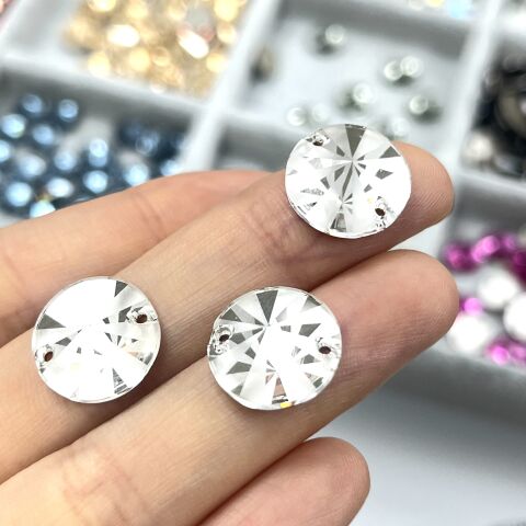 Swarovski 3200/G Rivoli 14mm Crystal (001) Foiled - Beyaz Yuvarlak İki Delikli Dikme Taş