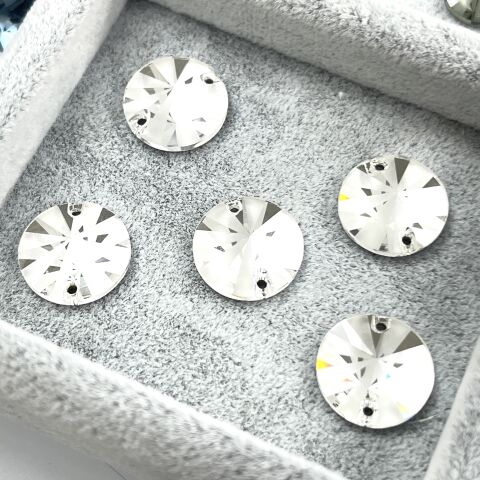 Swarovski 3200/G Rivoli 14mm Crystal (001) Foiled - Beyaz Yuvarlak İki Delikli Dikme Taş