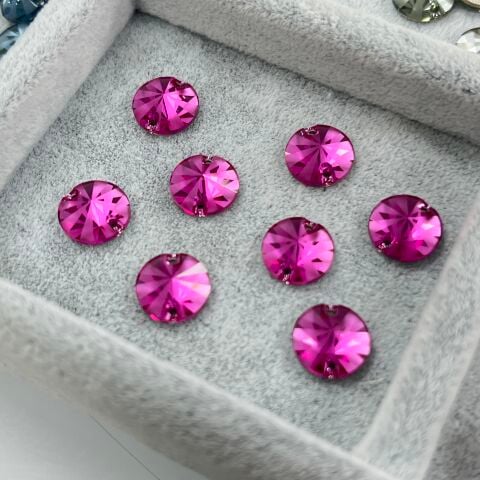 Swarovski 3200/G Rivoli 10mm Fuchsia (502) Frosted - Koyu Pembe Yuvarlak İki Delikli Dikme Taş