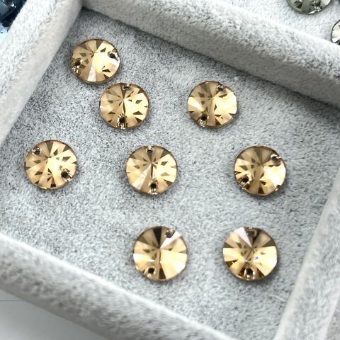 Swarovski 3200/G Rivoli 10mm Light Colorado Topaz (246) Foiled - Koyu Altın Yuvarlak İki Delikli Dikme Taş