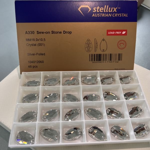 Stellux A330 18x10,5mm Crystal Foyalı - Damla Şekilli Beyaz Dikme Taş