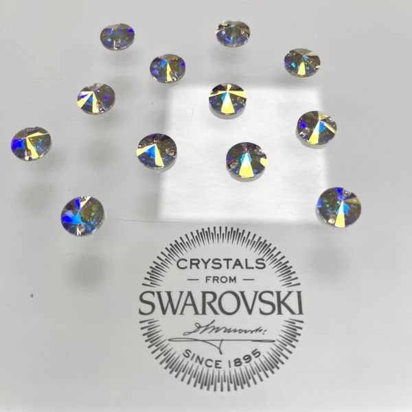 Swarovski 3200 Rivoli 16mm Crystal AB (001AB) Foiled - Foyalı Yuvarlak İki Delikli Dikme Taş - 12-36-72 Adetlik Paketler