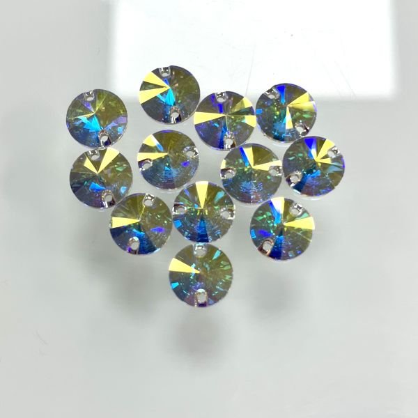 Swarovski 3200 Rivoli 18mm Crystal AB (001AB) Foiled - Foyalı Yuvarlak İki Delikli Dikme Taş - 6-36-72 Adetlik Paketler